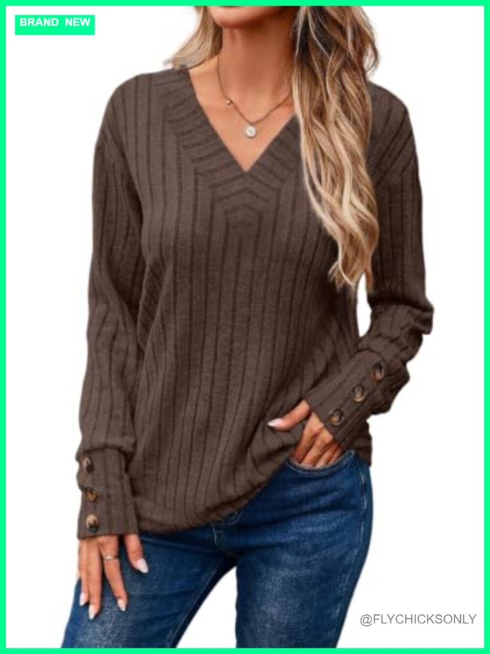 Womens Long Sleeve Knitted Tunic Sweater V-Neck Pullover Top